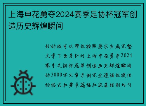 上海申花勇夺2024赛季足协杯冠军创造历史辉煌瞬间